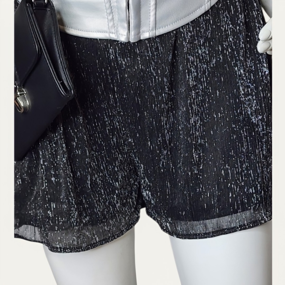 Dex Pull-On Paperbag Waist Flowy Metallic Shorts Black Sparkle Large NWT